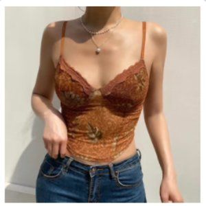 Floral Lace Edge Mesh Transparent Corset Top